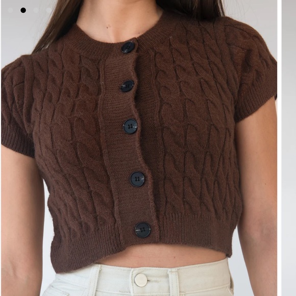 Ann Taylor LOFT mocha brown cable knit short sleeve button up sweater shirt L - Picture 1 of 11